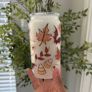 Falloween Frosted 16oz Glass Mug, Halloween Lovers Glass Mug, 16oz Iced Coffee Mug, Spooky Lover Glass Cup, Summerween Glass Can Mug