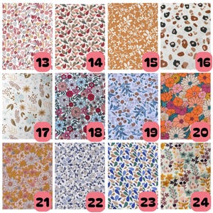 May include: A grid of twelve fabric swatches numbered 13 through 24, featuring various patterns including floral prints, abstract leaf shapes, and animal spots in colors like pink, orange, blue, brown, and white on a light background.