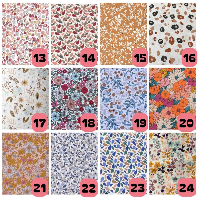 May include: A grid of twelve fabric swatches numbered 13 through 24, featuring various patterns including floral prints, abstract leaf shapes, and animal spots in colors like pink, orange, blue, brown, and white on a light background.