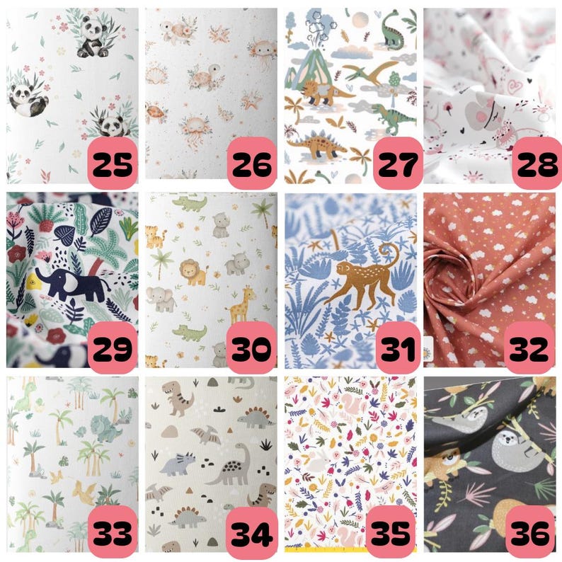 May include: A grid of twelve fabric swatches featuring various patterns including pandas, dinosaurs, jungle animals, monkeys, clouds, and sloths, each labeled with a pink numbered tag from 25 to 36, showcasing diverse illustrations on white and colored backgrounds.
