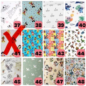 May include: A collection of twelve fabric swatches featuring various cartoon and movie character prints, including Mickey Mouse, Stitch, Paw Patrol, Toy Story, and Harry Potter motifs, each labeled with a numbered pink tag from 37 to 48.