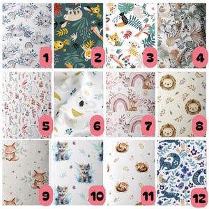 May include: A grid of twelve fabric swatches featuring various animal and nature patterns, including koalas, sloths, toucans, jungle animals, woodland creatures, lions, foxes, and floral motifs, each labeled with a numbered pink circle from 1 to 12.