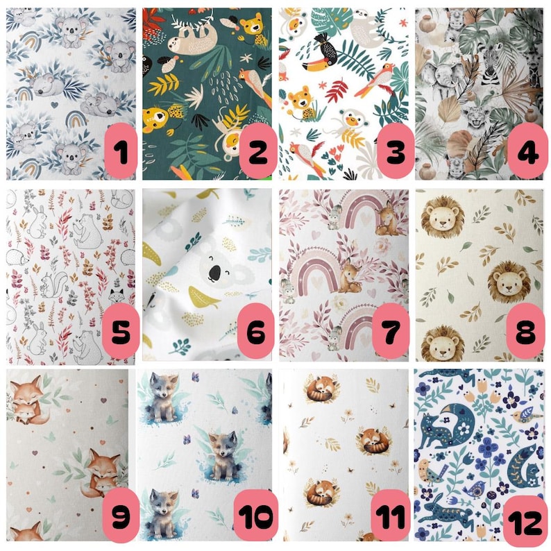 May include: A grid of twelve fabric swatches featuring various animal and nature patterns, including koalas, sloths, toucans, jungle animals, woodland creatures, lions, foxes, and floral motifs, each labeled with a numbered pink circle from 1 to 12.