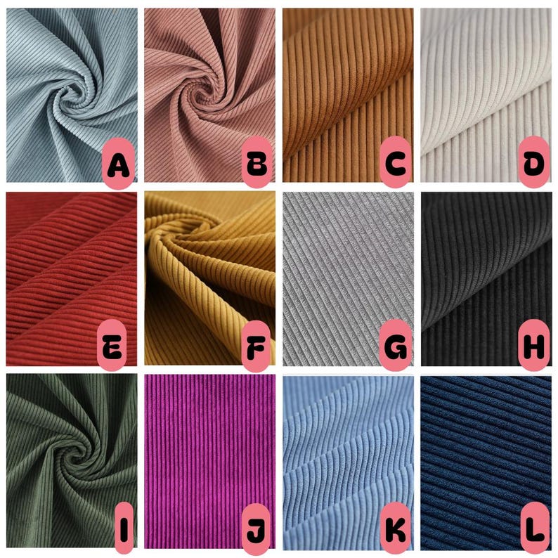 May include: A grid of twelve swatches of corduroy fabric in various colors, labeled A through L. The colors include light blue, dusty pink, tan, cream, red, mustard yellow, gray, black, olive green, magenta, sky blue, and navy blue.