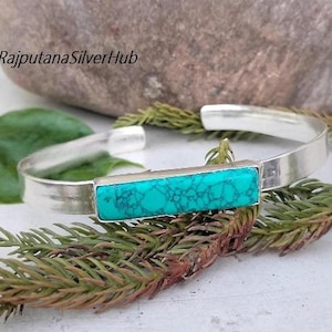 Turquoise Stone Bangle Bracelet: Handmade 925 Sterling Silver Boho Jewelry
