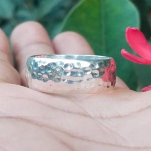 Handmade Hammered Sterling Silver Wide Band Ring: Unisex Wedding Band