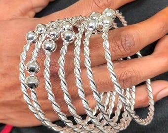 Thick Sterling Silver West Indian Bangles - Set of 7 - Handmade