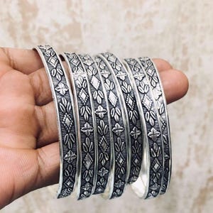 Handmade Sterling Silver Bangle Set: Floral Etched Bangles