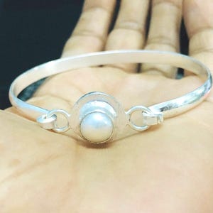 Sterling Silver Pearl Bangle: Adjustable Handmade Jewelry