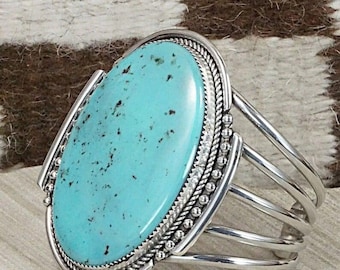 Natural Turquoise Cuff Bracelet: Adjustable 925 Sterling Silver Bangle