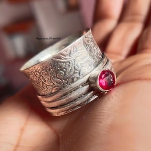 Garnet Gemstone Sterling Silver Spinner Ring: Meditation Fidget Jewelry