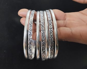 Sterling Silver Stacking Bangles: Floral Etched Bracelet Set