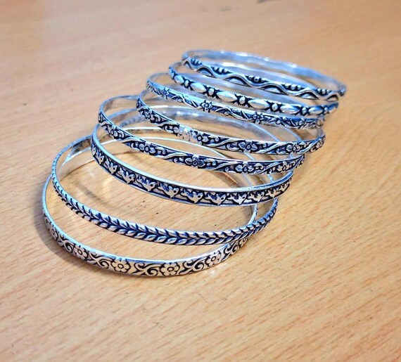 Sterling Silver Stackable Bangles: Floral Etched, Set of 6 - Etsy