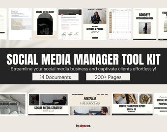 May include: A digital toolkit for social media managers, featuring 14 documents and over 200 pages. The toolkit includes templates for onboarding, offboarding, social media strategy, analytics reports, and more.