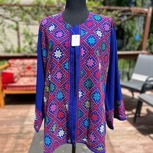 Handmade Palestinian Embroidered Jacket Vibrant Traditional Tatreez, palestinian traditional,handmade modest eid outfit tatreez,eid abaya
