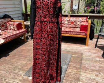 Machine Embroidered Palestinian Tatreez Dress, Red & Black Thobe
