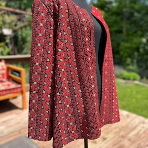 Machine red Palestinian Embroidered Jacket Vibrant Traditional Tatreez, palestinian traditional,machine modest eid outfit tatreez,eid abaya