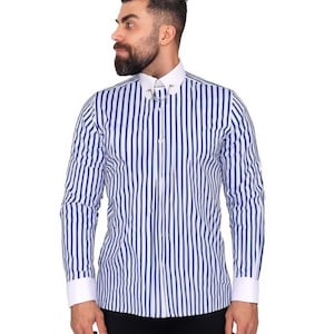 Blue Striped Men's Shirt Club Collar Pin Chain