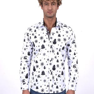 White Snowflake Christmas Snowman Print Men&#39;s Shirt