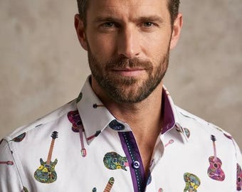 White Guitar Print Men's Shirt