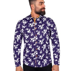 Dark Blue Floral Print Men&#39;s Shirt
