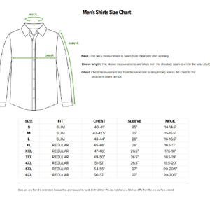 May include: Men's shirts size chart detailing chest, sleeve, and neck measurements in inches. Sizes range from S to 6XL, with slim and regular fits. Includes instructions for taking measurements for a shirt.
