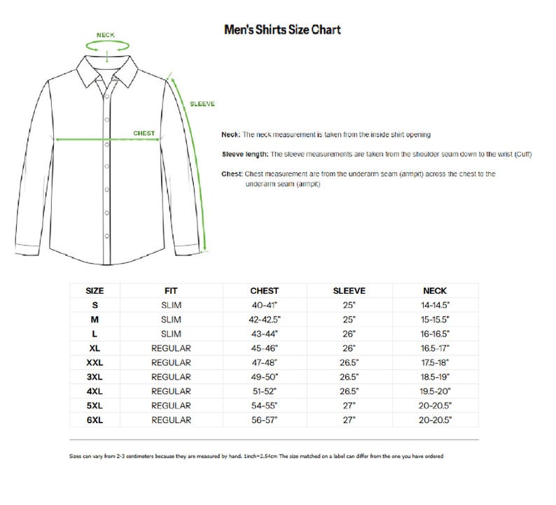 May include: Men's shirts size chart detailing chest, sleeve, and neck measurements in inches. Sizes range from S to 6XL, with slim and regular fits. Includes instructions for taking measurements for a shirt.