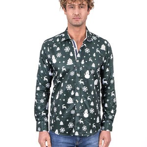 Chemise homme verte Flora Noël flocons de neige bonhomme de neige imprimé