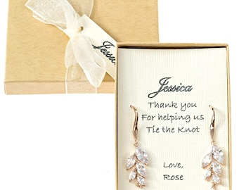 Bridesmaid Gift, Drop earrings, Bridesmaids proposal with Personalized custom message (Leaf-Rose gold Plated)