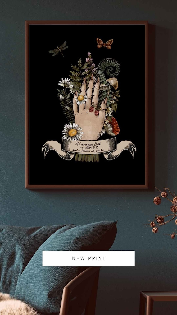Green witch poster, Witchy digital printable poster, Vintage celestial digital printable in night black background, Gardening poster