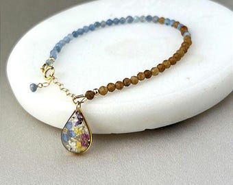 Ukrainian Aquamarine Tourmaline Bracelet, Forget-Me-Not Pendant