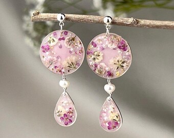 Real Baby's Breath Resin Earrings, 14k Gold or Sterling Silver
