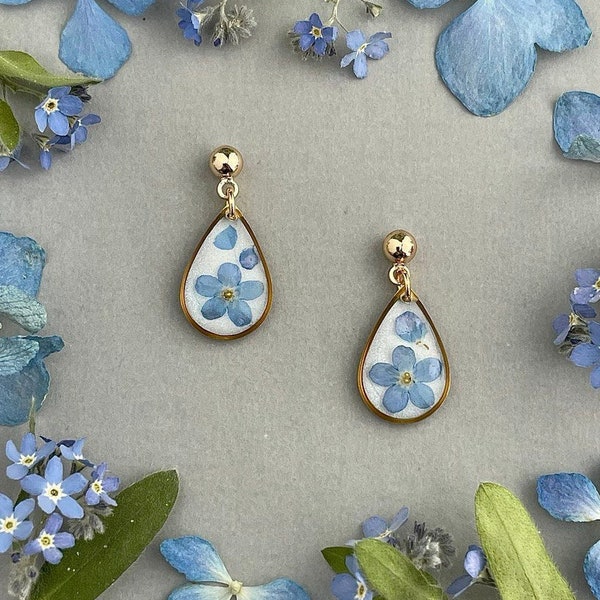 Forget-me-not dangle earrings, teardrop flowers stud, gold or silver minimalist botanical jewelry, nature lover gift, summer gift for her