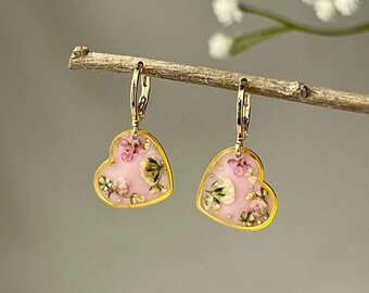 Baby's Breath Heart Earrings, 18K Gold Plated, Resin Flower Earrings