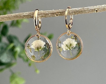 Real Baby's Breath Resin Flower Earrings, 18K Gold Plated