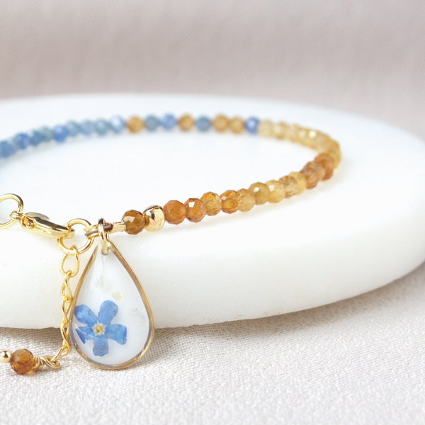 Ukraine bracelet dried flowers forget-me-not Ukrainian flag natural stone Armband with tourmaline and kyanite Ukraine support jewelry