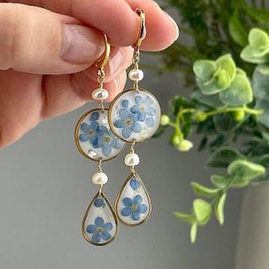Gold Forget Me Not Flower Earrings, Handmade Pressed Dried Real Flower Resin Jewelry, Dangle Drop Earrings, Birthday Gift, Botanical jewelry