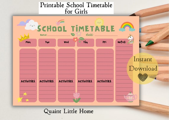 Printable School Timetable Girls Daily Schedule Back to - Etsy