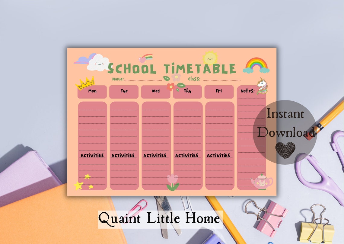 Printable School Timetable Girls Daily Schedule Back to - Etsy