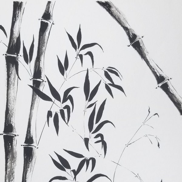 Peinture originale bambous noir et blanc, tableau inspiration sumi-e, dessin à l'encre, art minimaliste nature, décoration murale plante