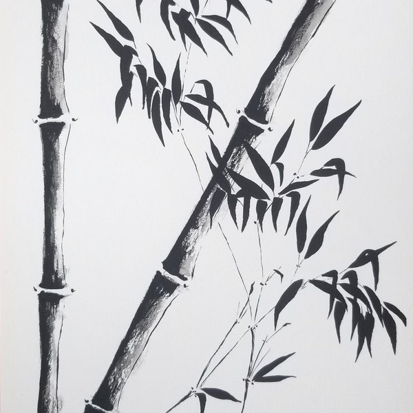 Peinture originale bambous noir et blanc, tableau inspiration sumi-e, dessin à l'encre, art minimaliste nature, décoration murale plante