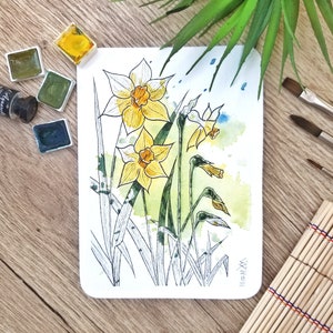 Aquarelle originale fleurs jaune, plante printemps jonquille jaune, décoration salon, déco chambre peinture nature printemps jardin narcisse