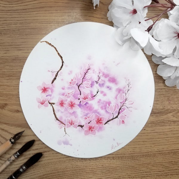 Aquarelle originale fleurs de cerisier rose, illustration cherry blossom, peinture ronde sakura, fleurs du Japon, décoration printemps