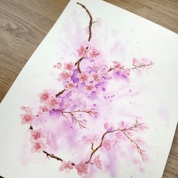 Aquarelle originale fleurs de cerisier rose, illustration cherry blossom, peinture sakura Japon, déco printemps, décoration murale florale