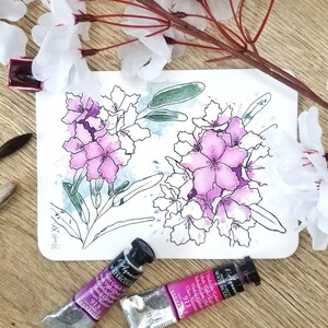Aquarelle originale fleurs rose, plante printemps rhododendron, azalée, décoration murale salon, déco chambre, peinture nature printemps