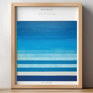 Cartel imprimible sereno de Kuta Beach Bali con líneas abstractas de acuarela azul, Indonesia, viajes, océano, arte abstracto, sereno, 8x10