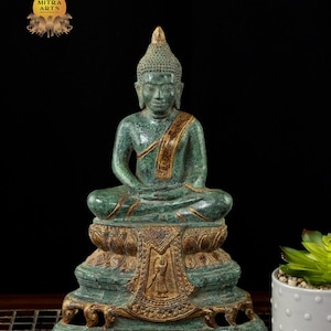 Buddha in Meditation 12&quot; - Antique Style Khmer Bronze Buddha Statue
