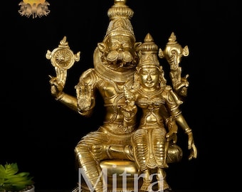 Ídolo de latón de Lakshmi Narasimha de 15" - Estatua hindú dorada