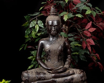 仏像 - アンティーク クメール スタイル ブロンズ瞑想バイヨン