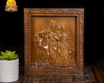 Radha Krishna Wood Carving - Oak wood wall panel 13&quot; x 11&quot;
